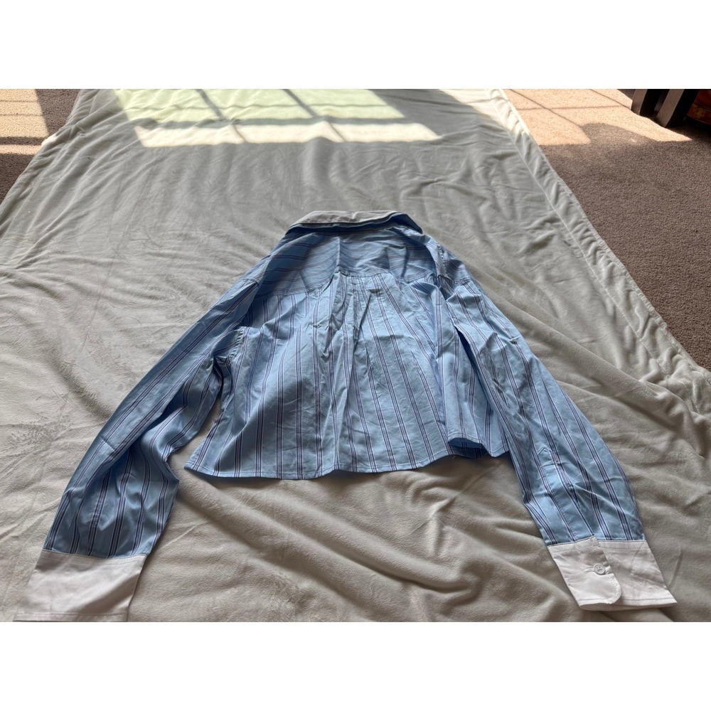 French Connection Contrast Double Collar Striped Cropped Shirt Blue Multi M NWT - Picture 3 of 5